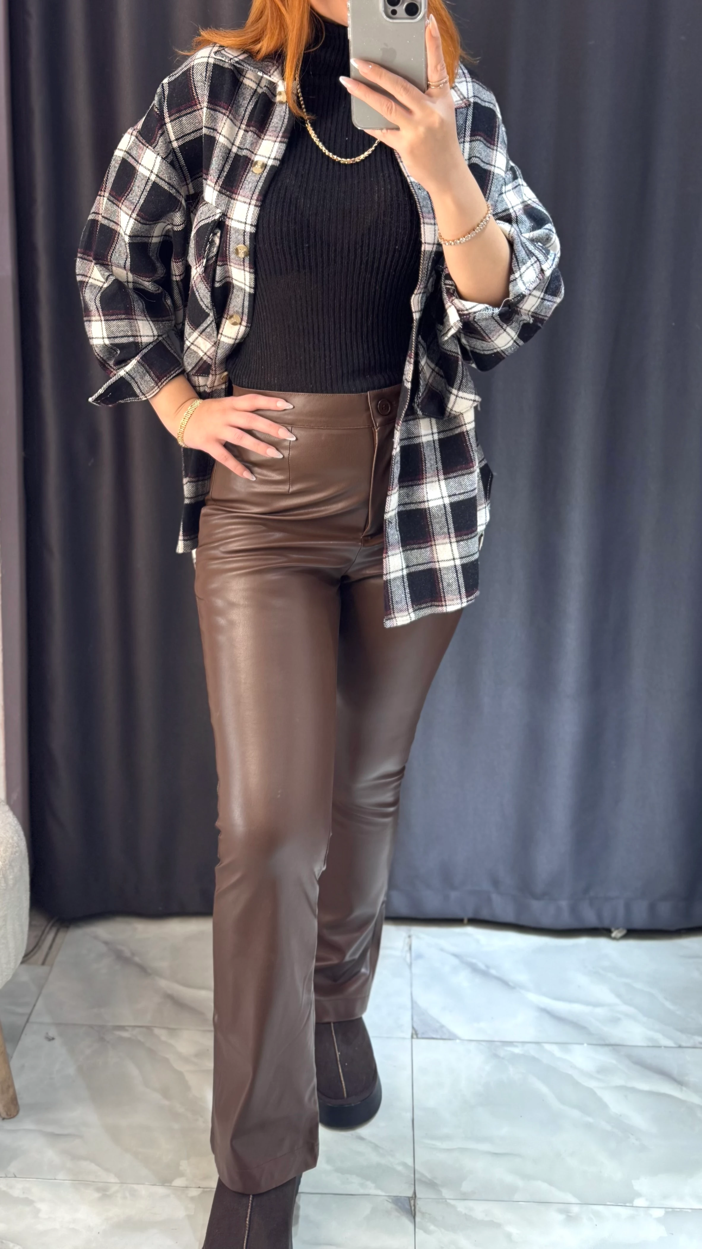 İçi Şardonlu Deri Görünümlü İspanyol Paça Pantolon