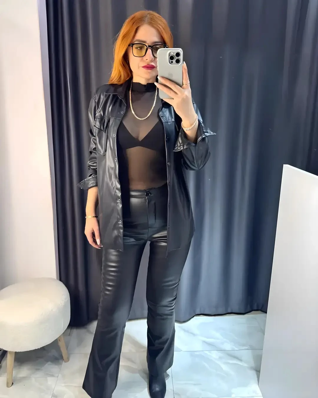 İçi Şardonlu Deri Dokulu Oversize Gömlek