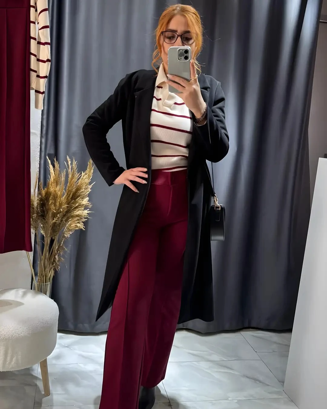 Bordo Crep Çimalı Yüksek Bel Pantolon