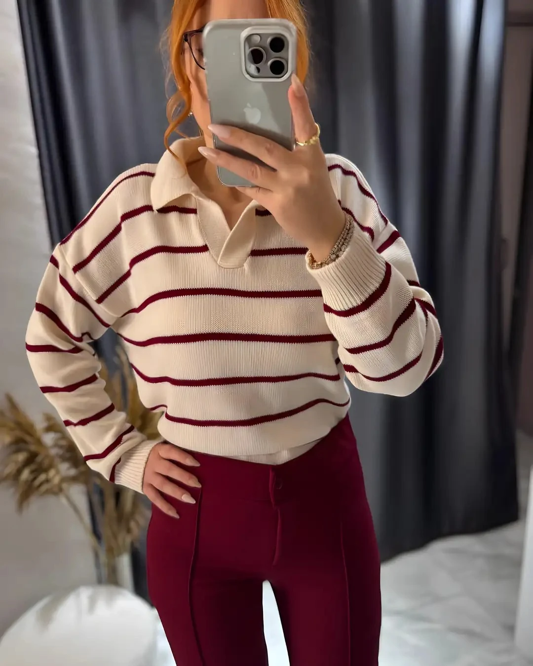 Bordo Crep Çimalı Yüksek Bel Pantolon