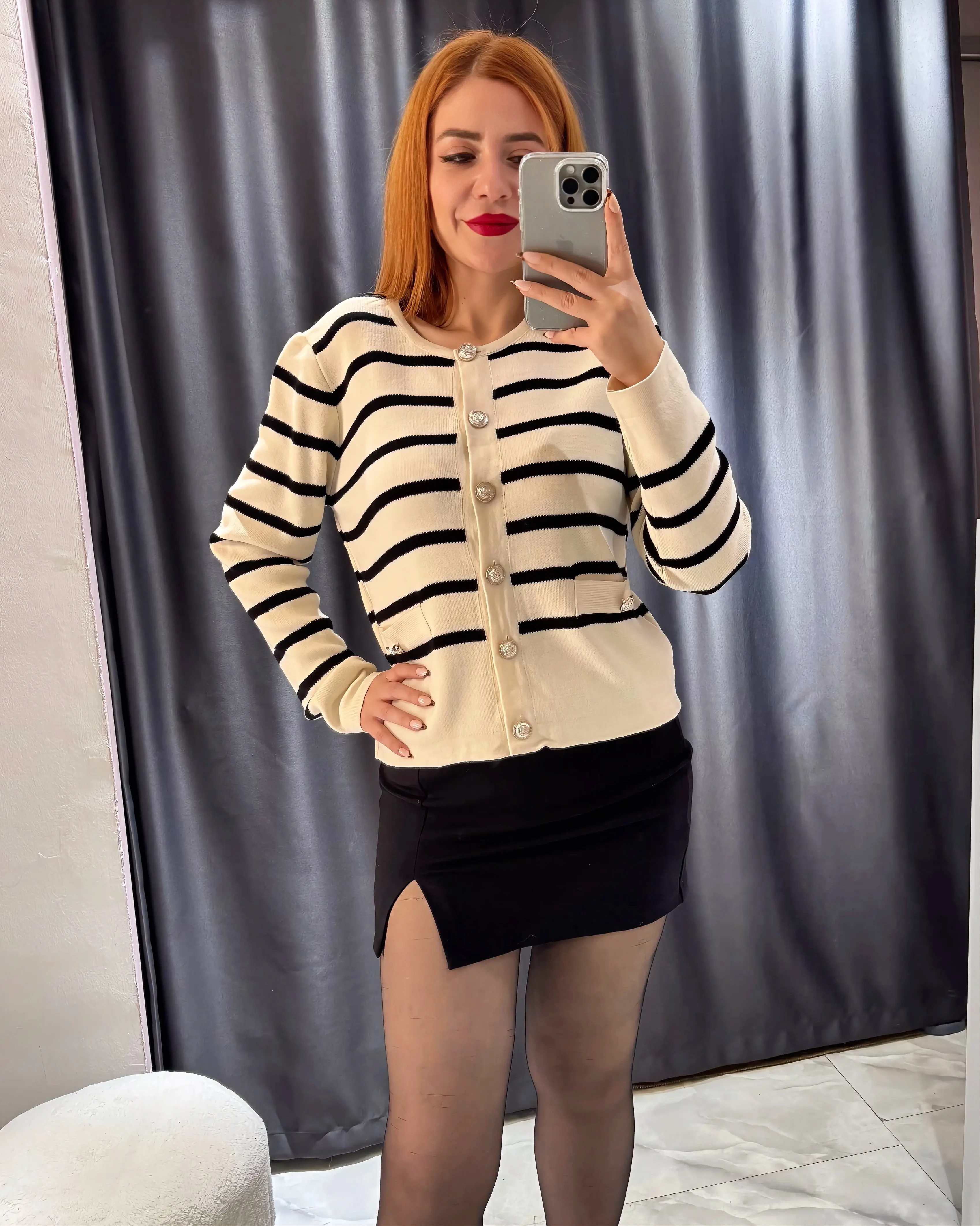 Çizgili Düğmeli Çelik Triko Hırka