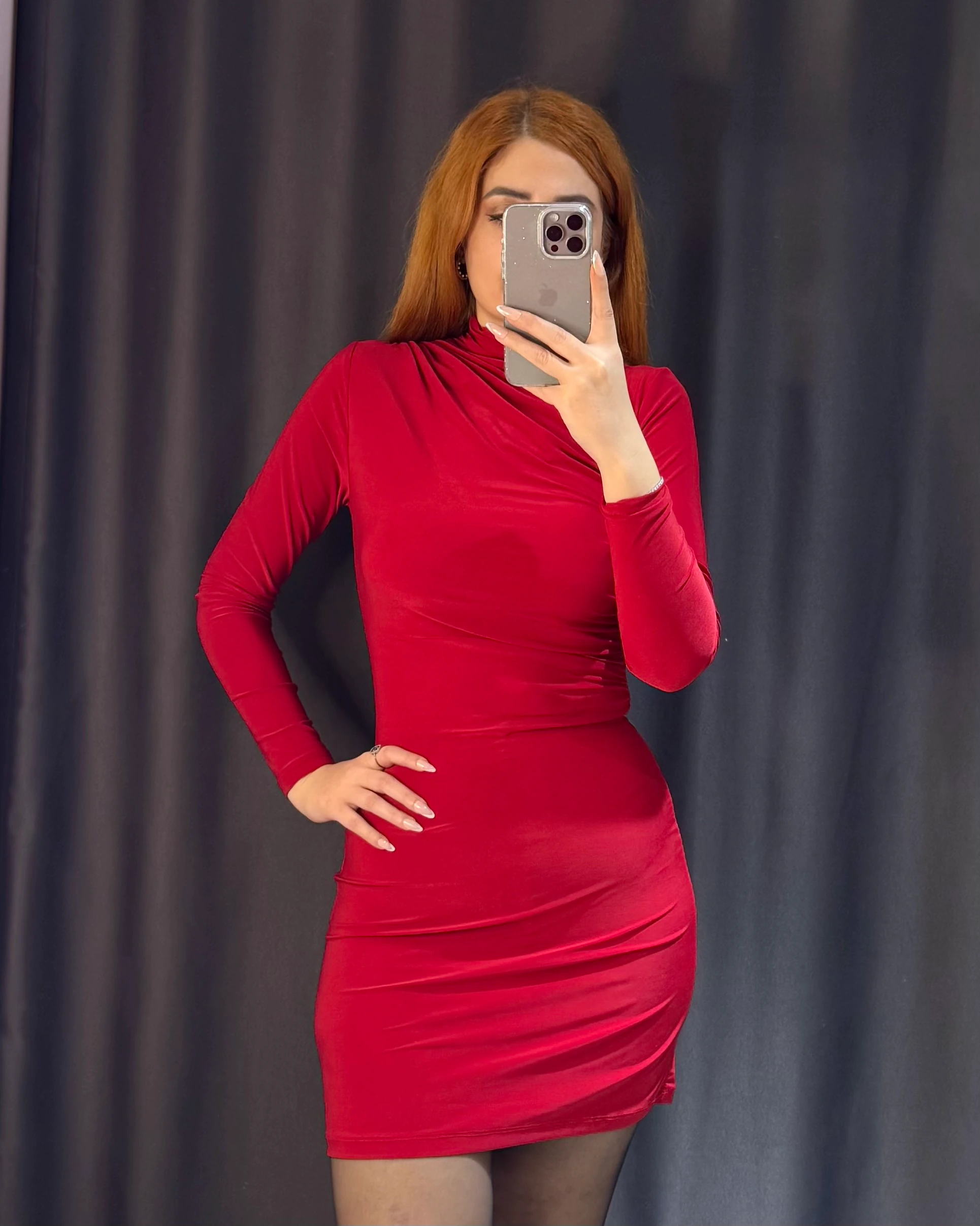 Drapeli Uzun Kollu Mini Elbise