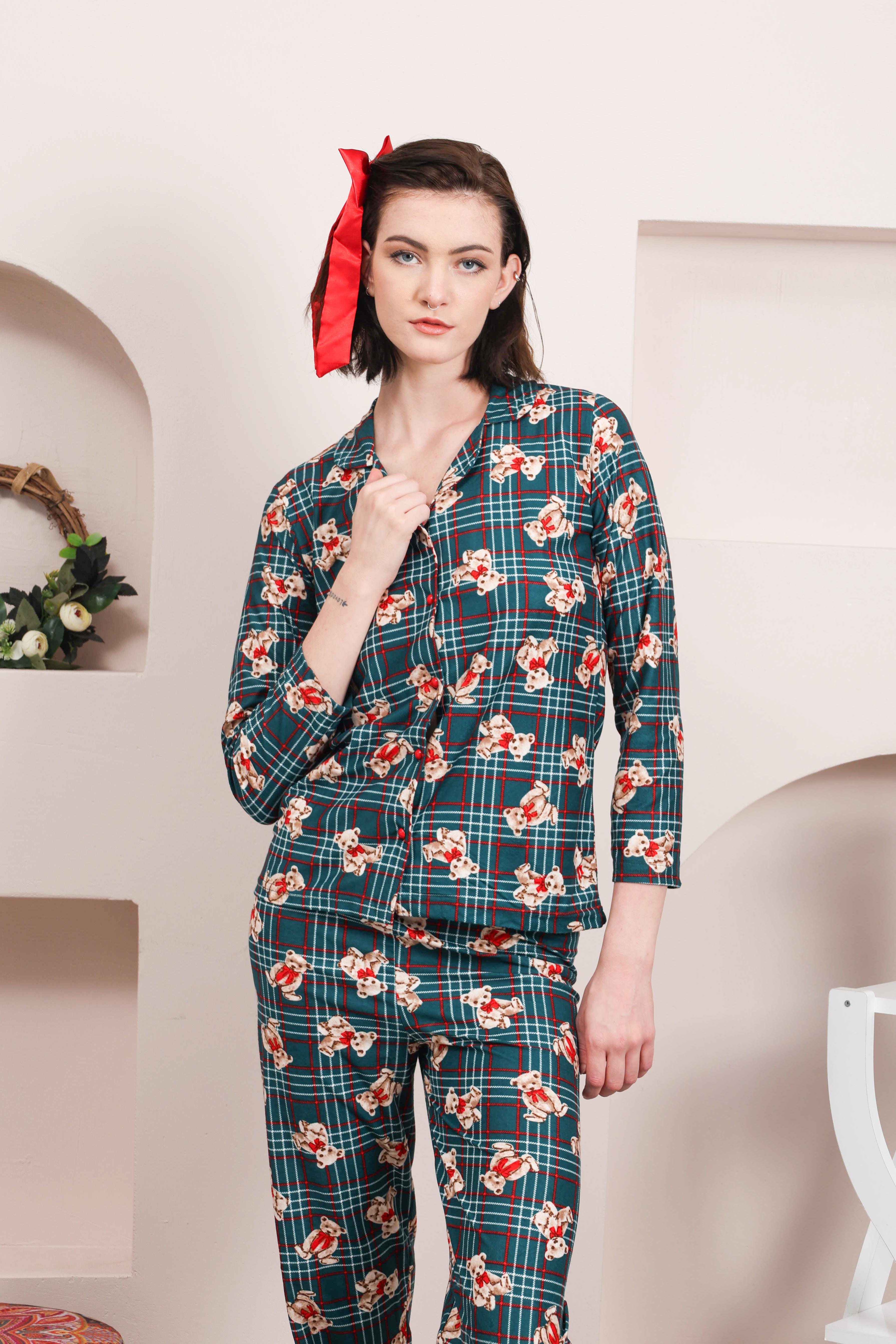 ekose-ayı desen yeşil süet pijama takımı