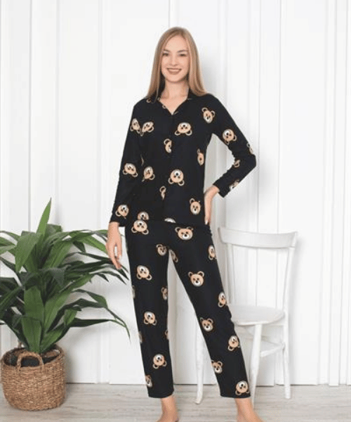 ayı desen siyah süet pijama takımı