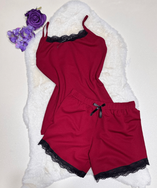 Bordo fitilli şortlu takım