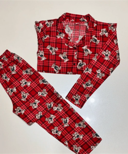 Ekose-ayı desen kırmızı süet pijama takımı