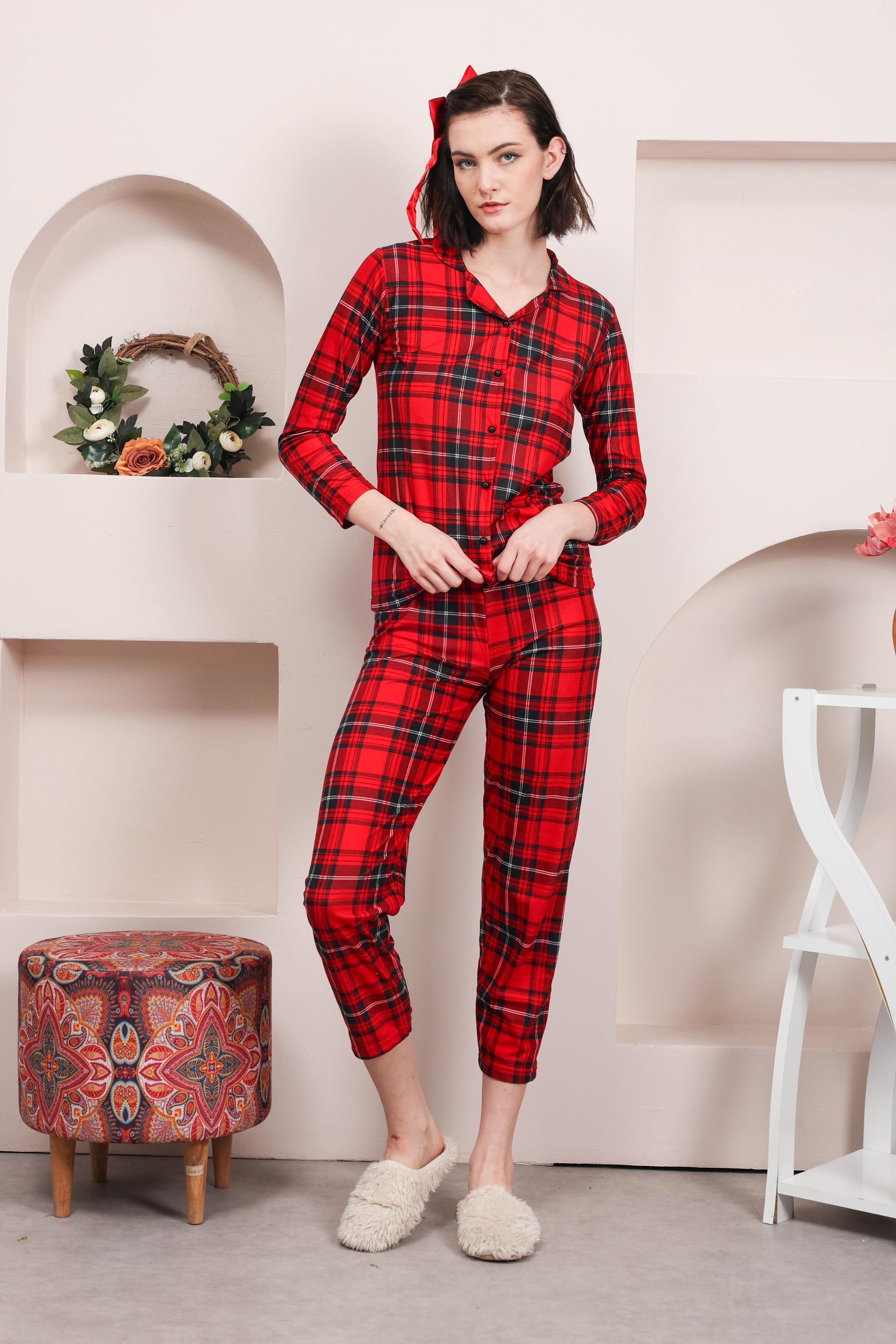 Ekose kırmızı süet pijama takımı
