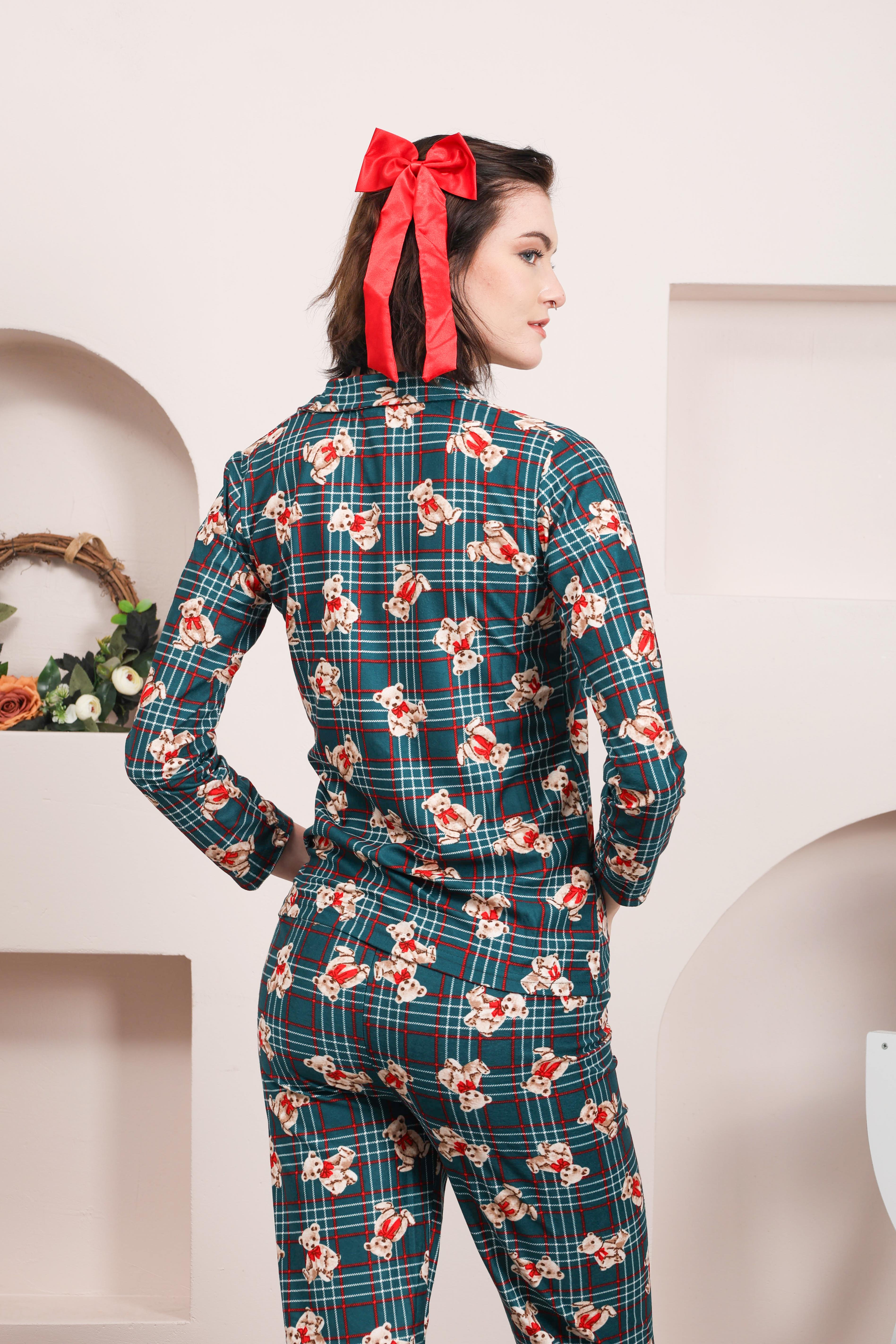 ekose-ayı desen yeşil süet pijama takımı