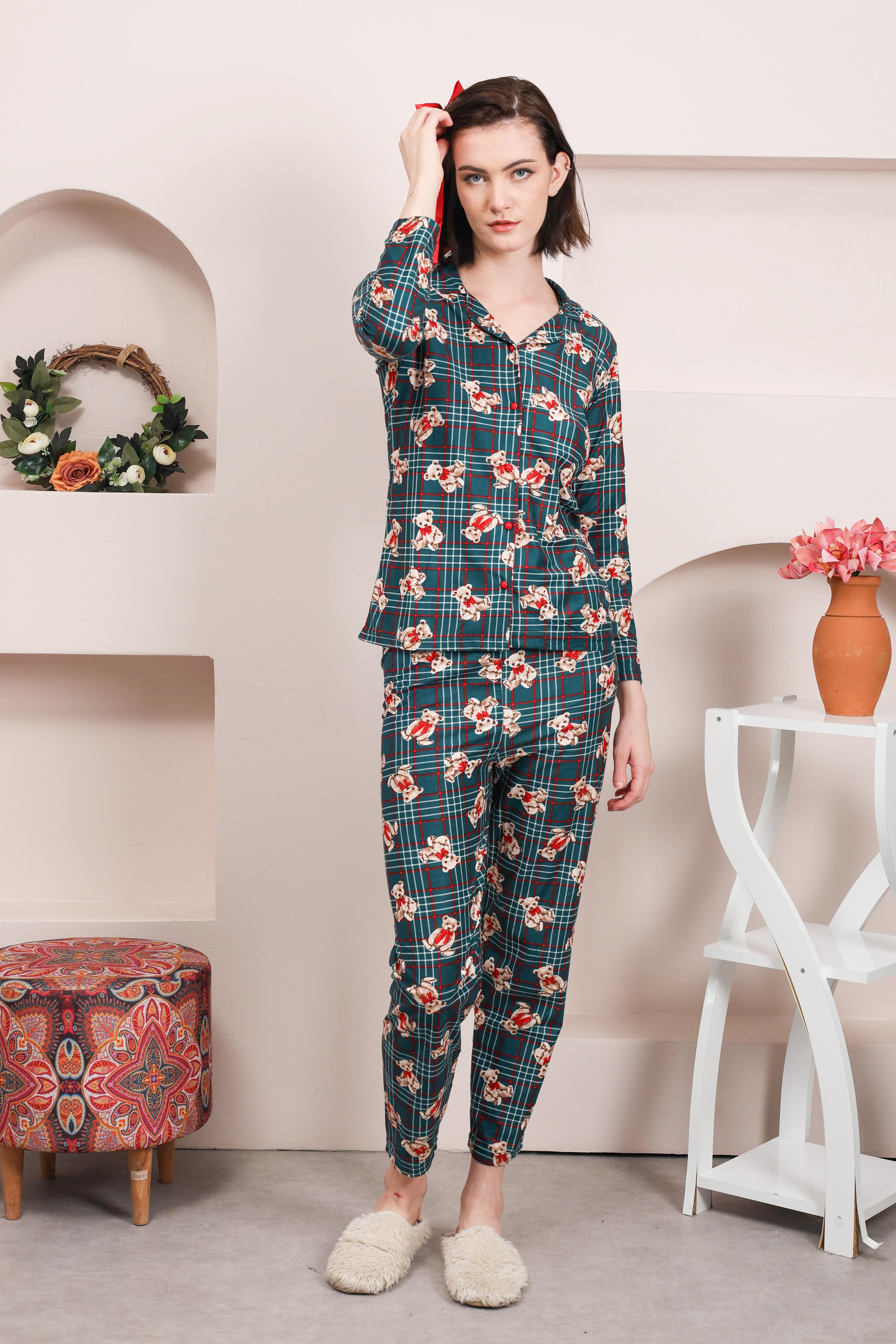 ekose-ayı desen yeşil süet pijama takımı