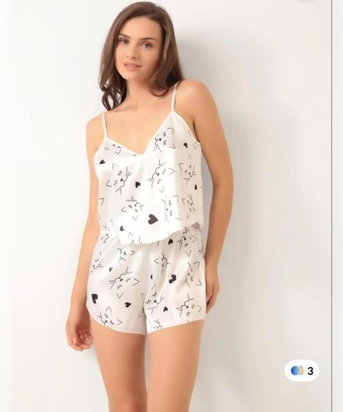 Kedi Desen Saten Şortlu Takım