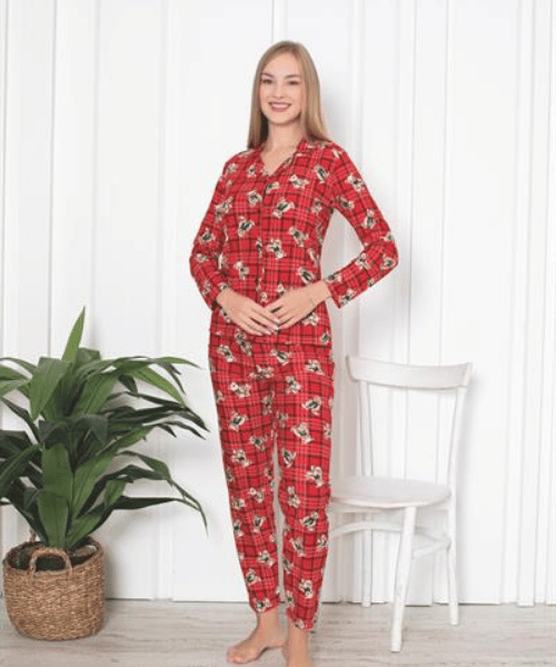 Ekose-ayı desen kırmızı süet pijama takımı