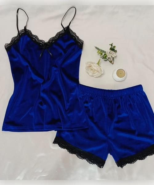 Mavi kadife şortlu takım