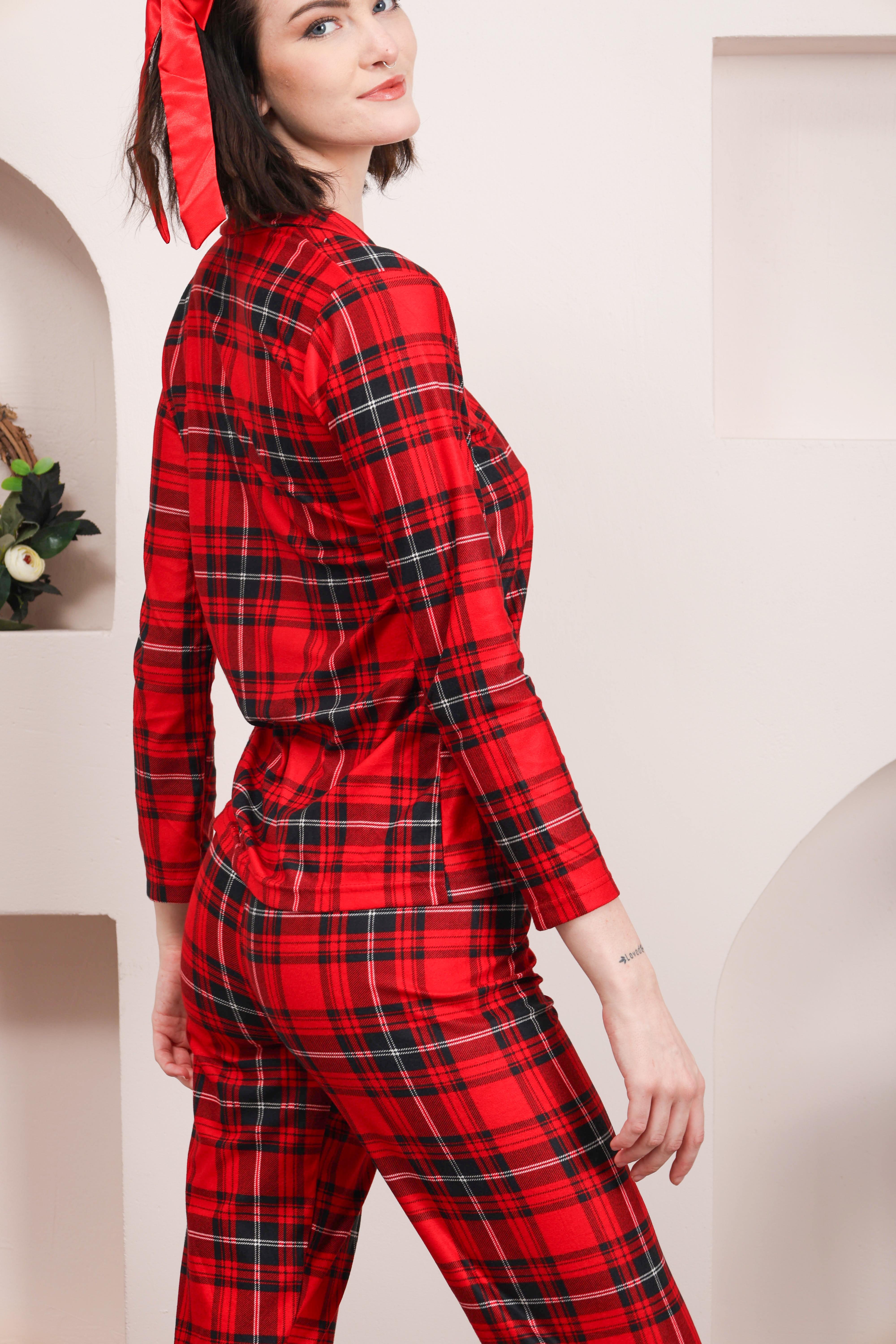 Ekose kırmızı süet pijama takımı
