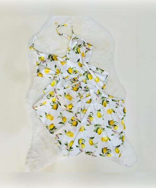 Limon desen saten şortlu takım