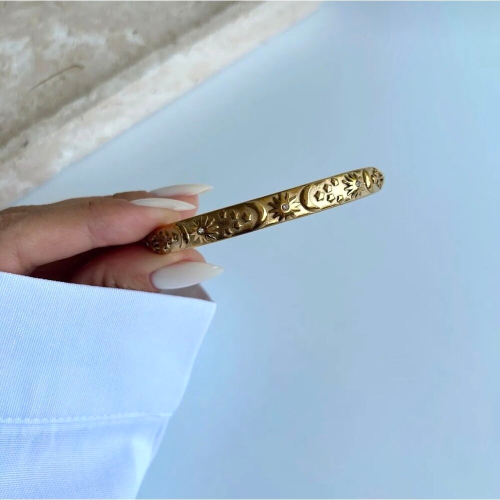 Gold Güneş Ay Temalı Çelik Ayarlanabilir Kelepçe