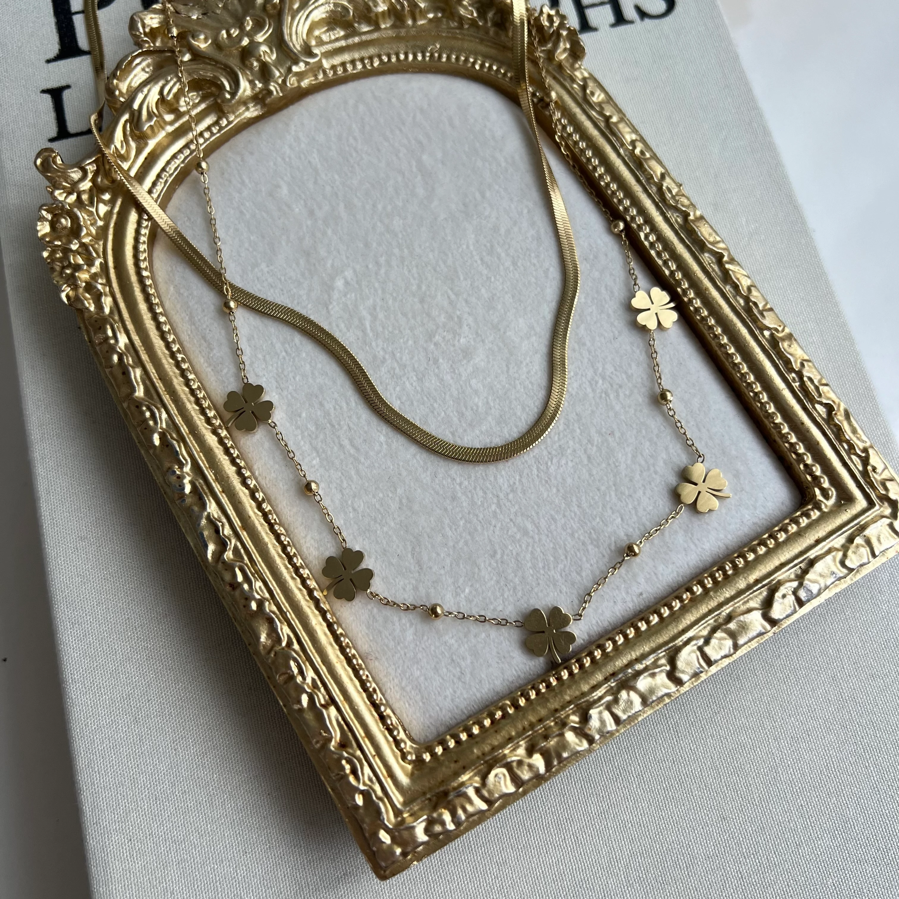 Gold 316L Çelik Yonca İkili Kolye