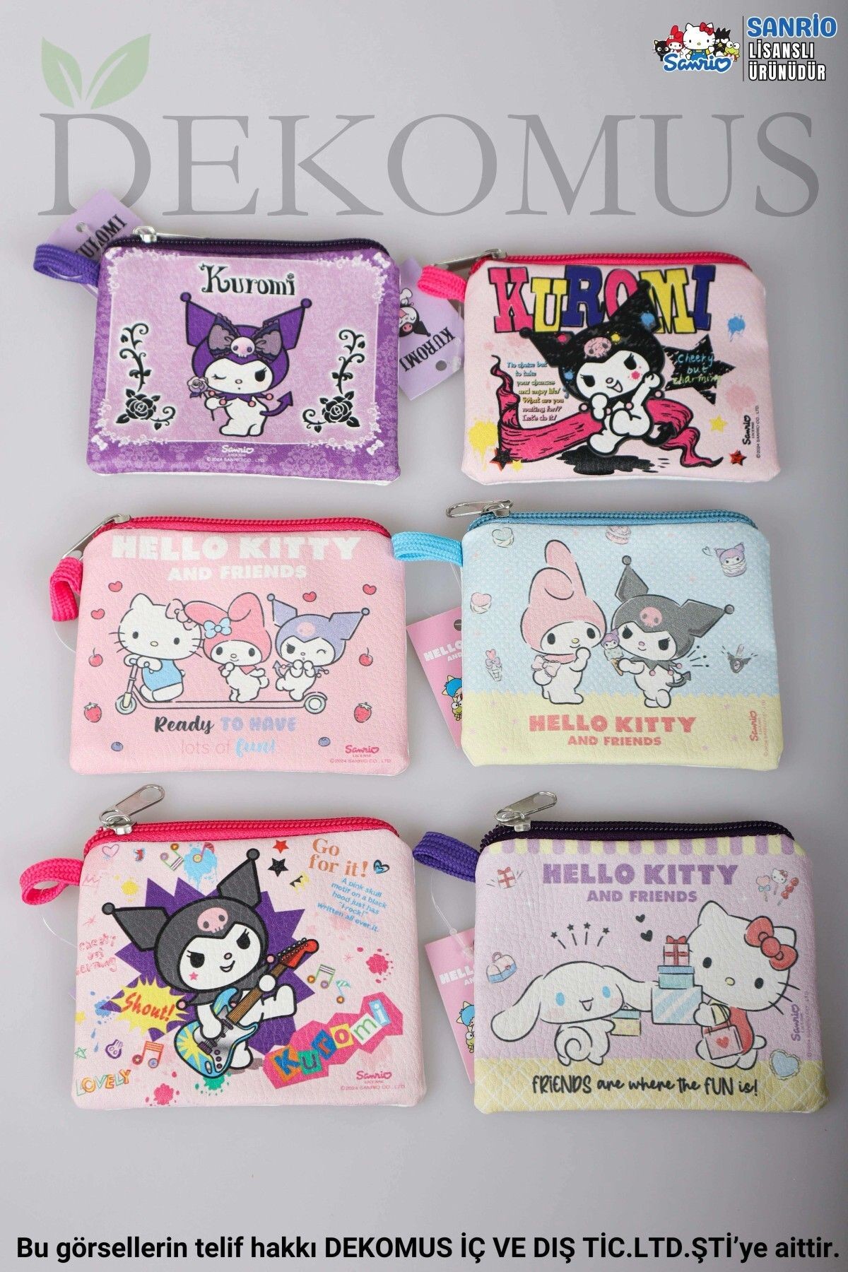 DEKOMUS İLE LİSANSLI YENİ SEZON BEST FRIENDS KUROMI,HELLO KITTY,CINNAMOROLL 2'Lİ PARA ÇANTASI