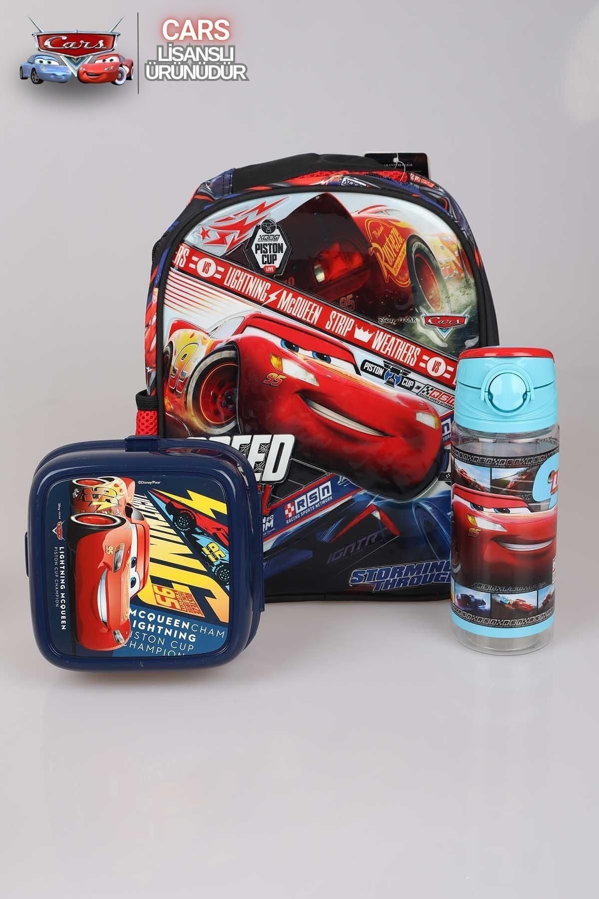 LİSANSLI CARS ANAOKUL ÇANTASI, 500 ML TRITAN MATARA VE 2 KATLI BESLENME KUTUSU/LUNCH BOX SETİ