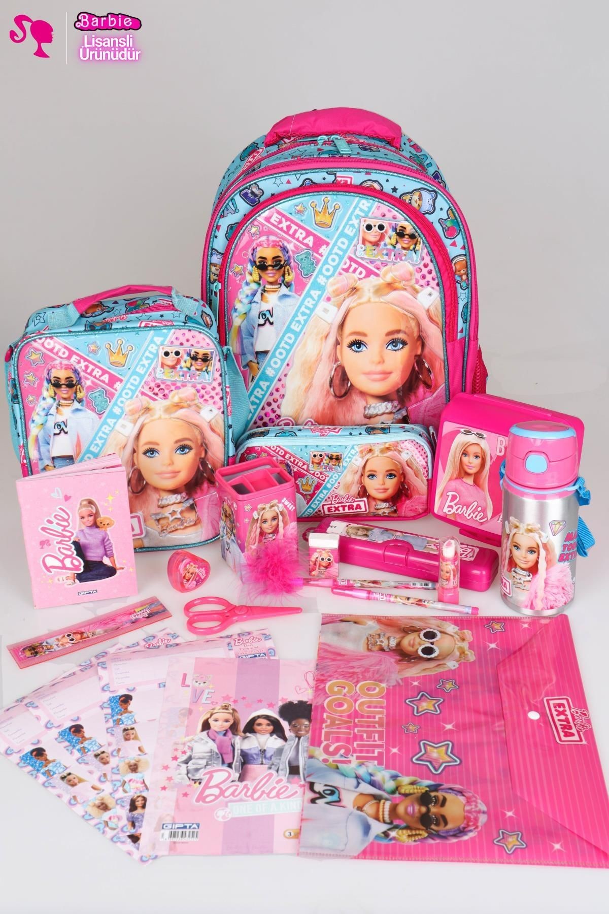 DEKOMUS İLE LİSANSLI FULL + FULL "PEMBE MAVİ PRENSES KOLEKSİYONU" BARBIE 3 BÖLMELİ OKUL,BESLENME VE