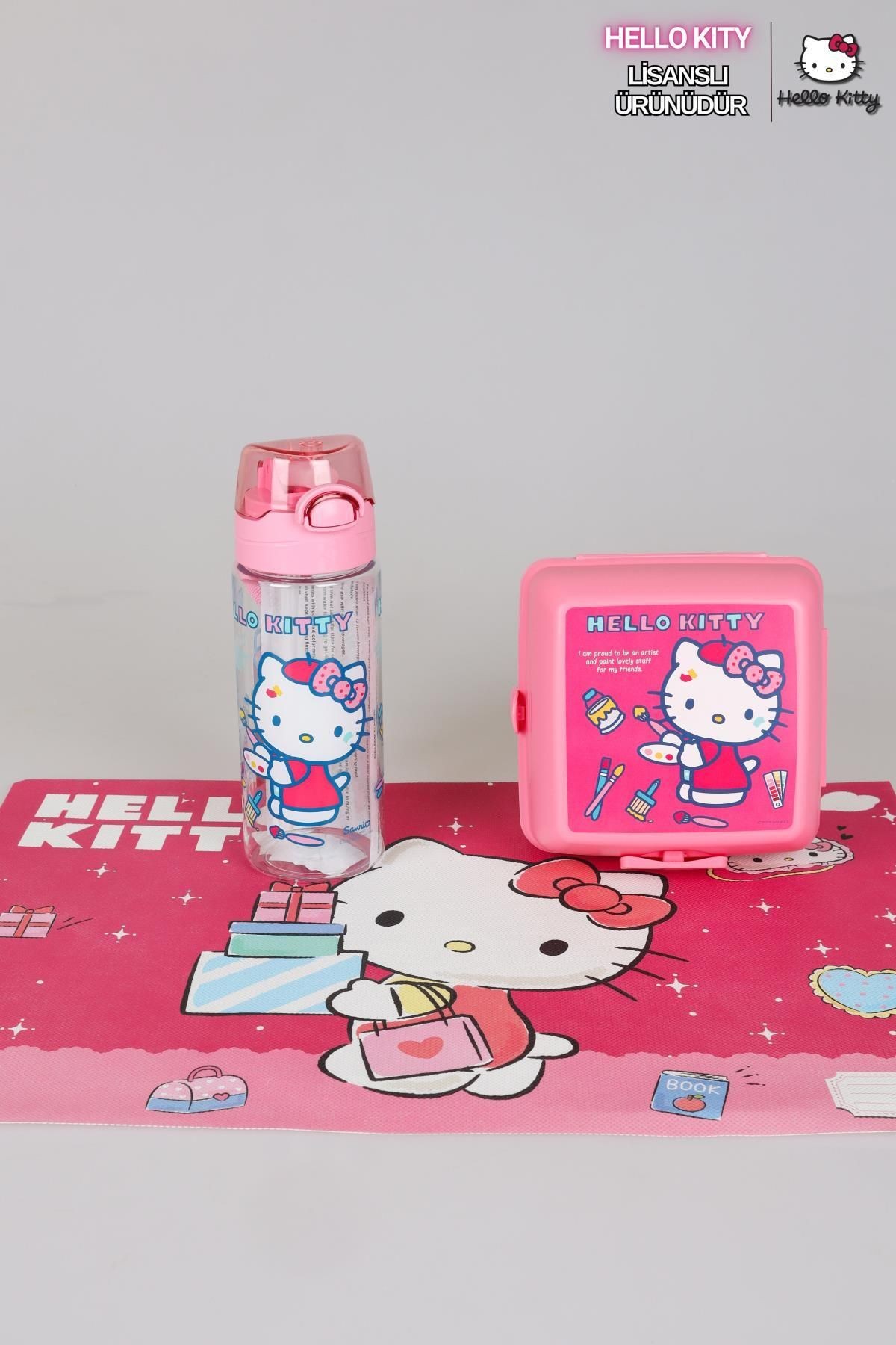 YENİ SEZON LİSANSLI HELLO KITTY BESLENME ÖRTÜSÜ,500 ML TRITAN MATARA VE 2 KATLI BESLENME KABI YEMEK