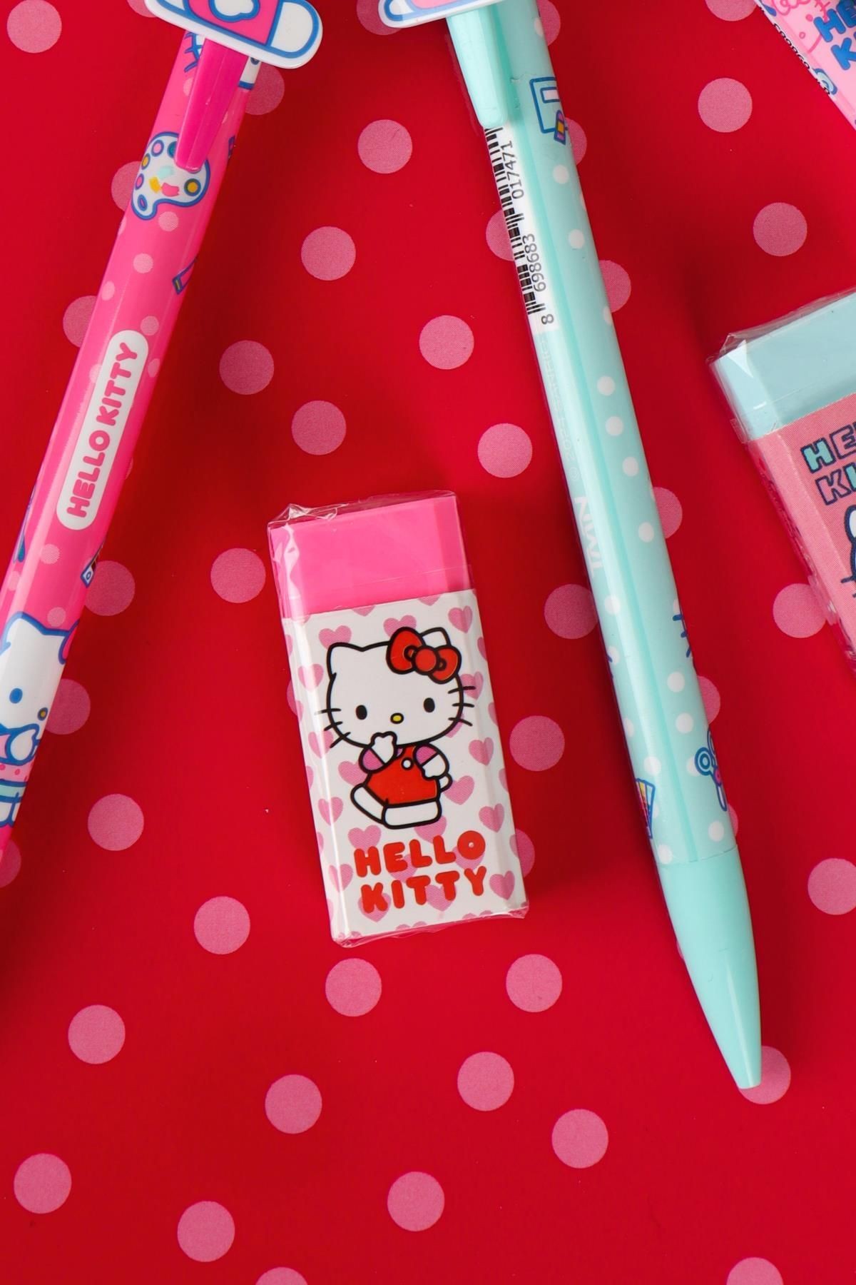 YENİ SEZON LİSANSLI HELLO KITTY 2D FİGÜRLÜ VERSATİL UÇLU KALEM 0.7 MM VE SİLGİ SETİ