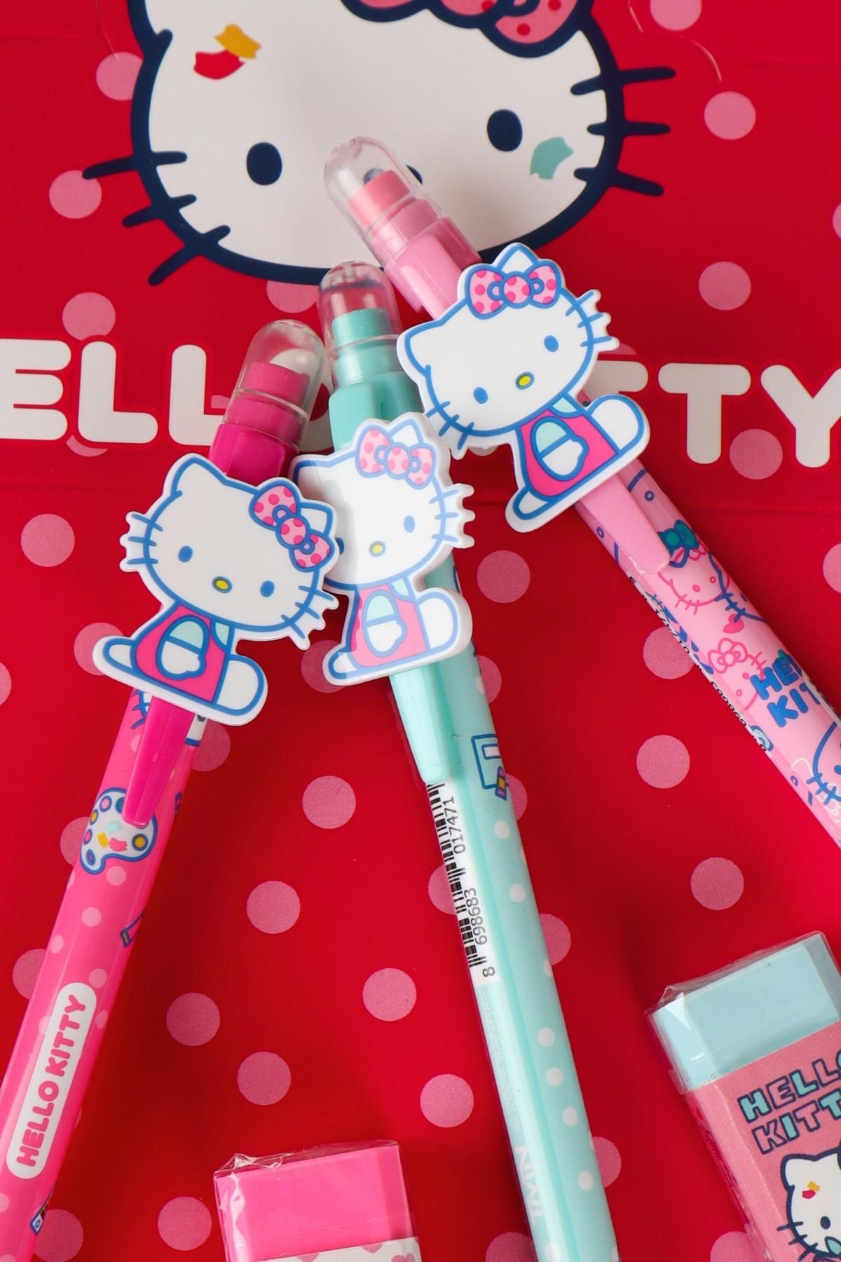 YENİ SEZON LİSANSLI HELLO KITTY 2D FİGÜRLÜ VERSATİL UÇLU KALEM 0.7 MM VE SİLGİ SETİ