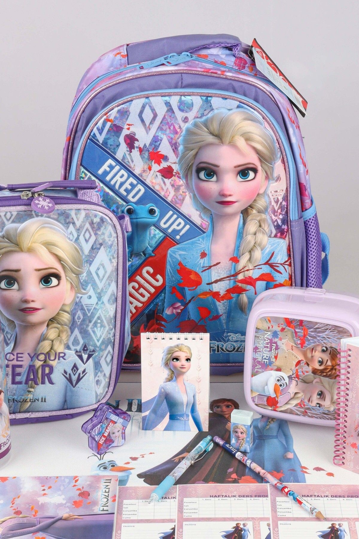 DEKOMUS LİSANSLI ELSA FROZEN "OKUL ÇANTASI VE BESLENME ÇANTASI,BESLENME KABI VE 500 ML TRITAN MATARA