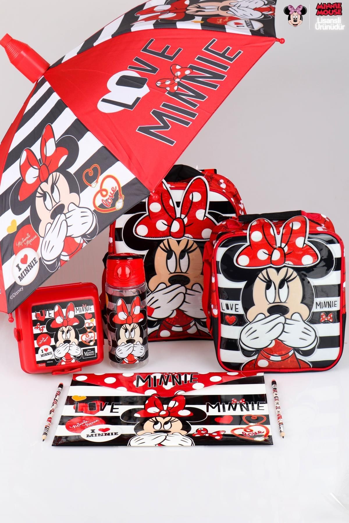 YENİ SEZON LİSANSLI MINNIE MOUSE ANAOKUL ÇANTASI,BESLENME KABI,MATARA 500 ML,ŞEMSİYE VE KIRTASİYE OK