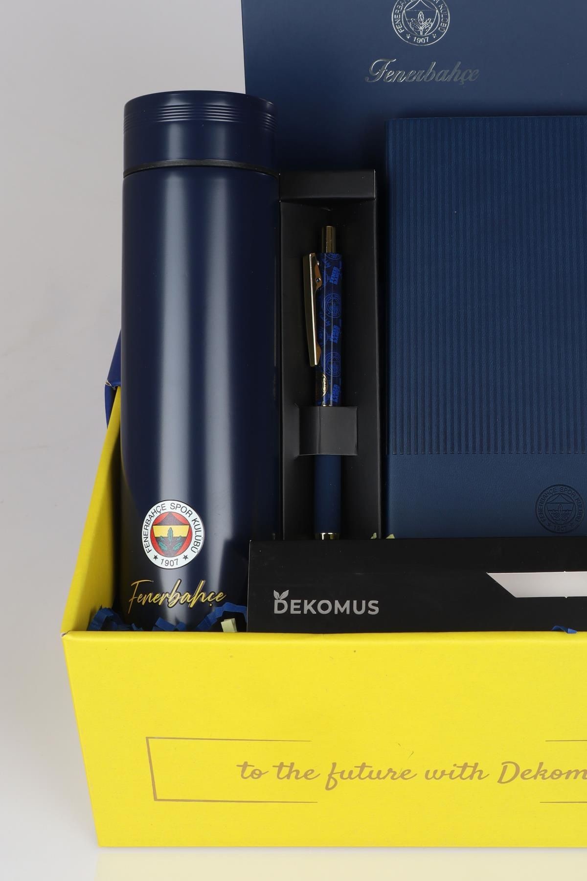 DEKOMUS İLE LİSANSLI FENERBAHÇE ÖZEL KUTULU PREMIUM 500 ML ÇELİK TERMOS,DERİ AJANDA,HYBRID TÜKENMEZ