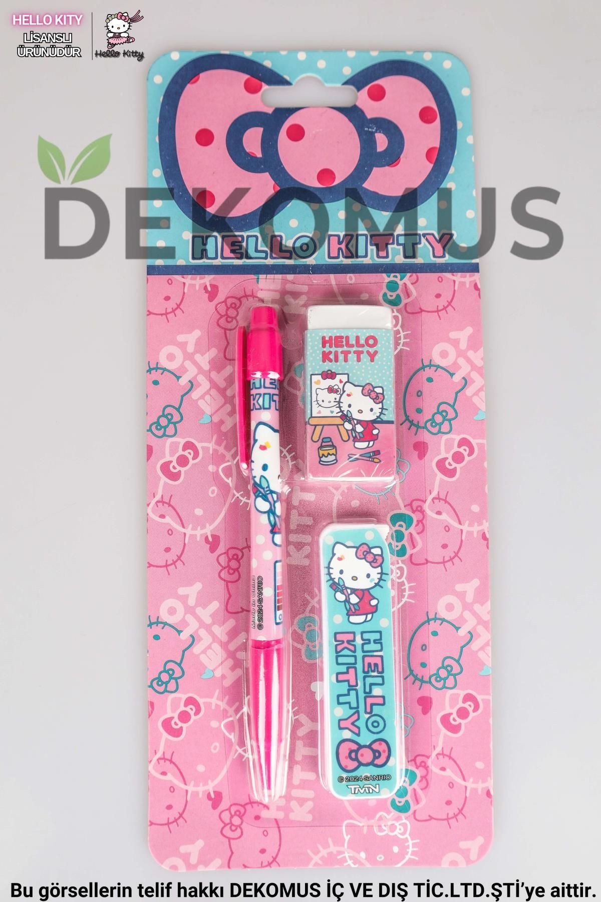 DEKOMUS İLE LİSANSLI HELLO KITTY VERSATİL UÇLU KALEM , SİLGİ VE 0.7 MM UÇ SETİ