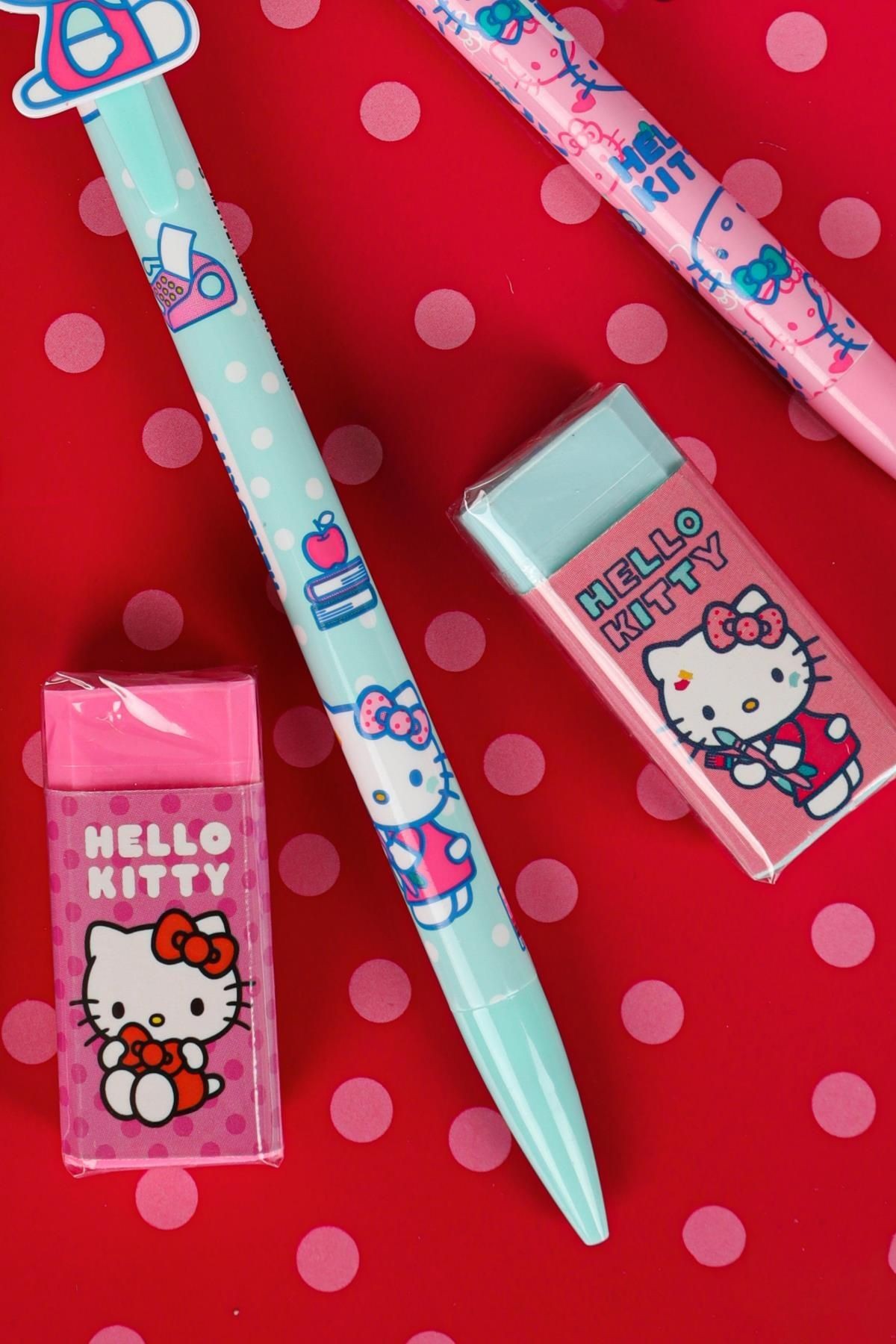 YENİ SEZON LİSANSLI HELLO KITTY VERSATİL UÇLU KALEM 0.7 MM,ÇİFT BIÇAKLI OVAL KALEMTRAŞ VE SİLGİ SETİ