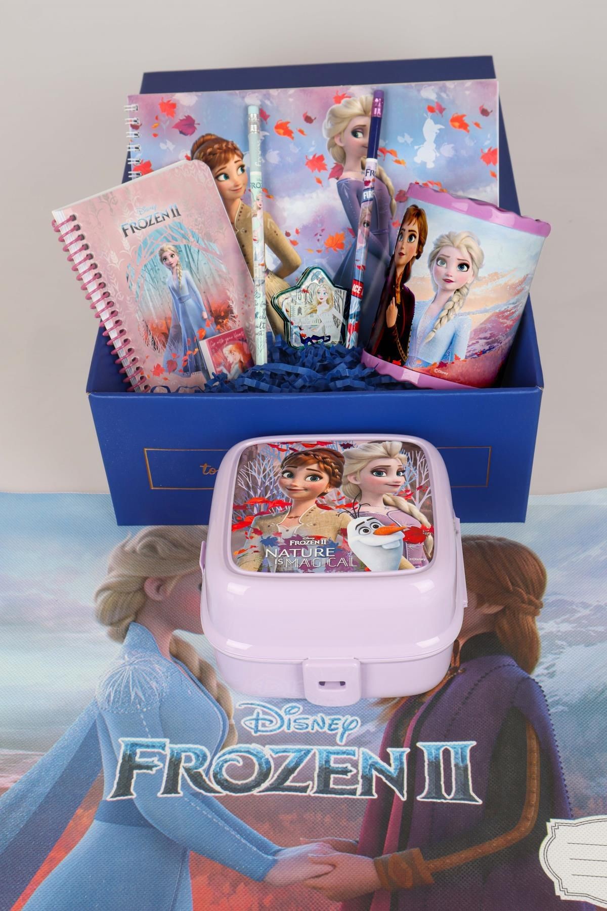 LİSANSLI İLE GIFT BOX ÖZEL KUTULU "ELSA'NIN PEMBE OKUL YOLCULUĞU" KIRTASİYE VE YEMEK SETİ