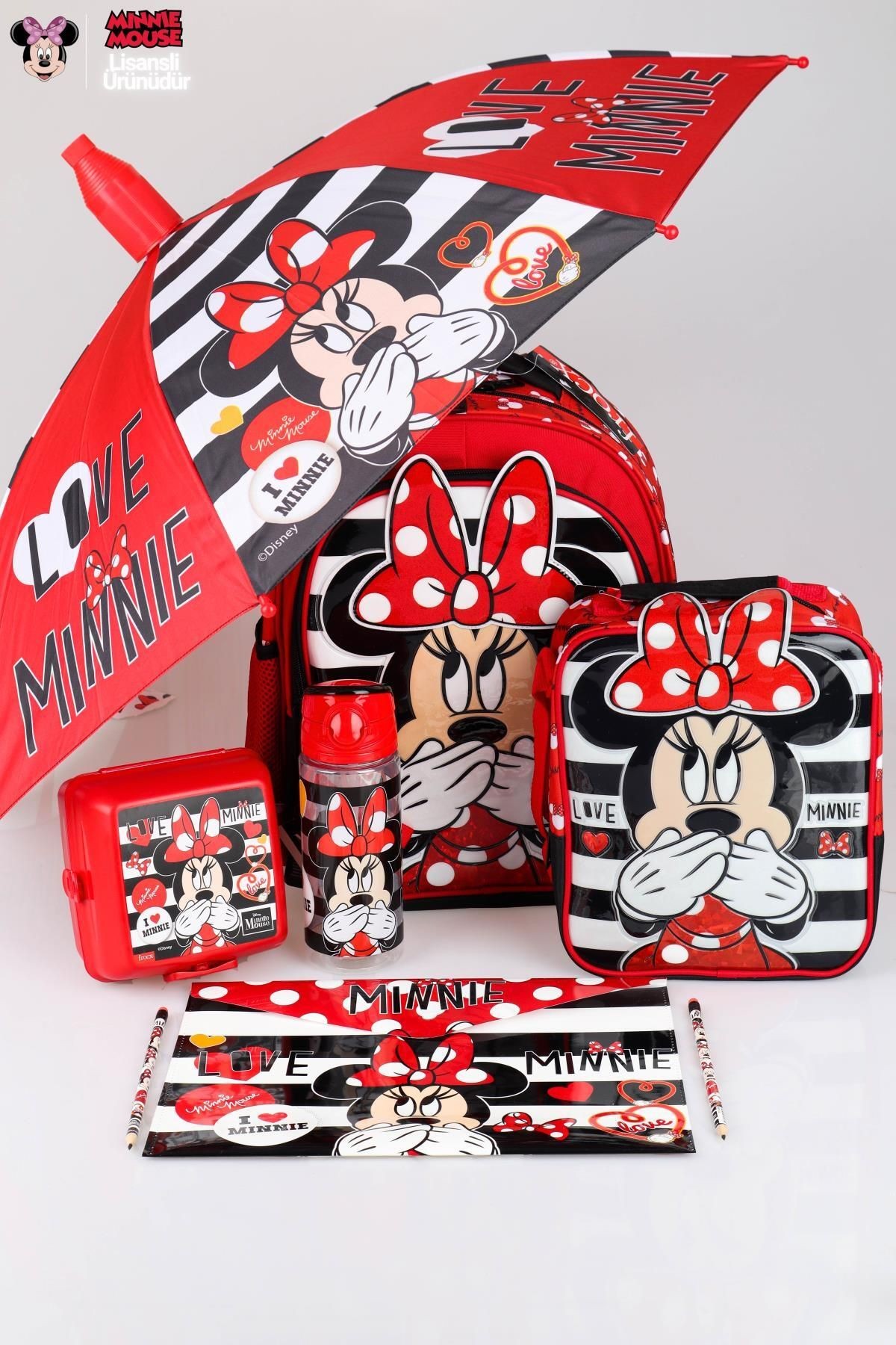 YENİ SEZON LİSANSLI MINNIE MOUSE OKUL,BESLENME ÇANTASI İLE BESLENME KABI,MATARA 500 ML,ŞEMSİYE VE KI