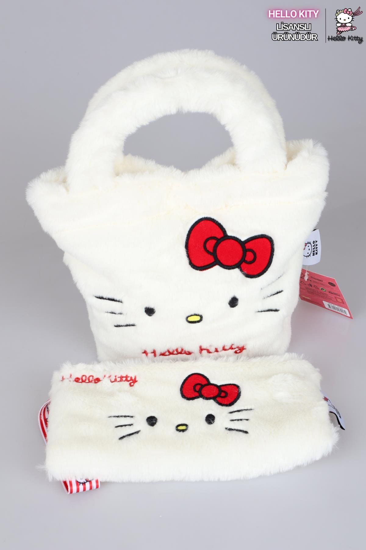 DEKOMUS İLE LİSANSLI YENİ SEZON HELLO KITTY PELUŞ BASIC EL ÇANTASI VE KOL ÇANTASI 2'LİSİ