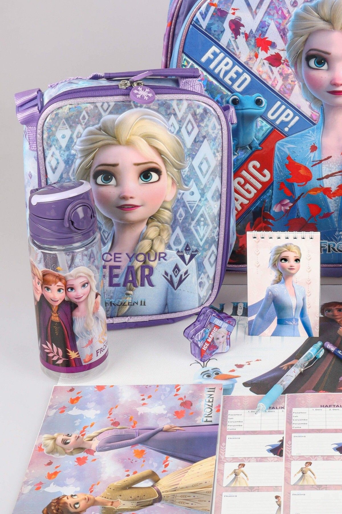 DEKOMUS LİSANSLI ELSA FROZEN "OKUL ÇANTASI VE BESLENME ÇANTASI,BESLENME KABI VE 500 ML TRITAN MATARA