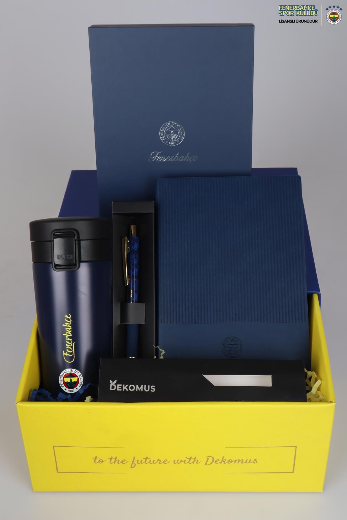 DEKOMUS İLE LİSANSLI FENERBAHÇE ÖZEL KUTULU PREMIUM 400 ML ÇELİK TERMOS,DERİ AJANDA,HYBRID TÜKENMEZ