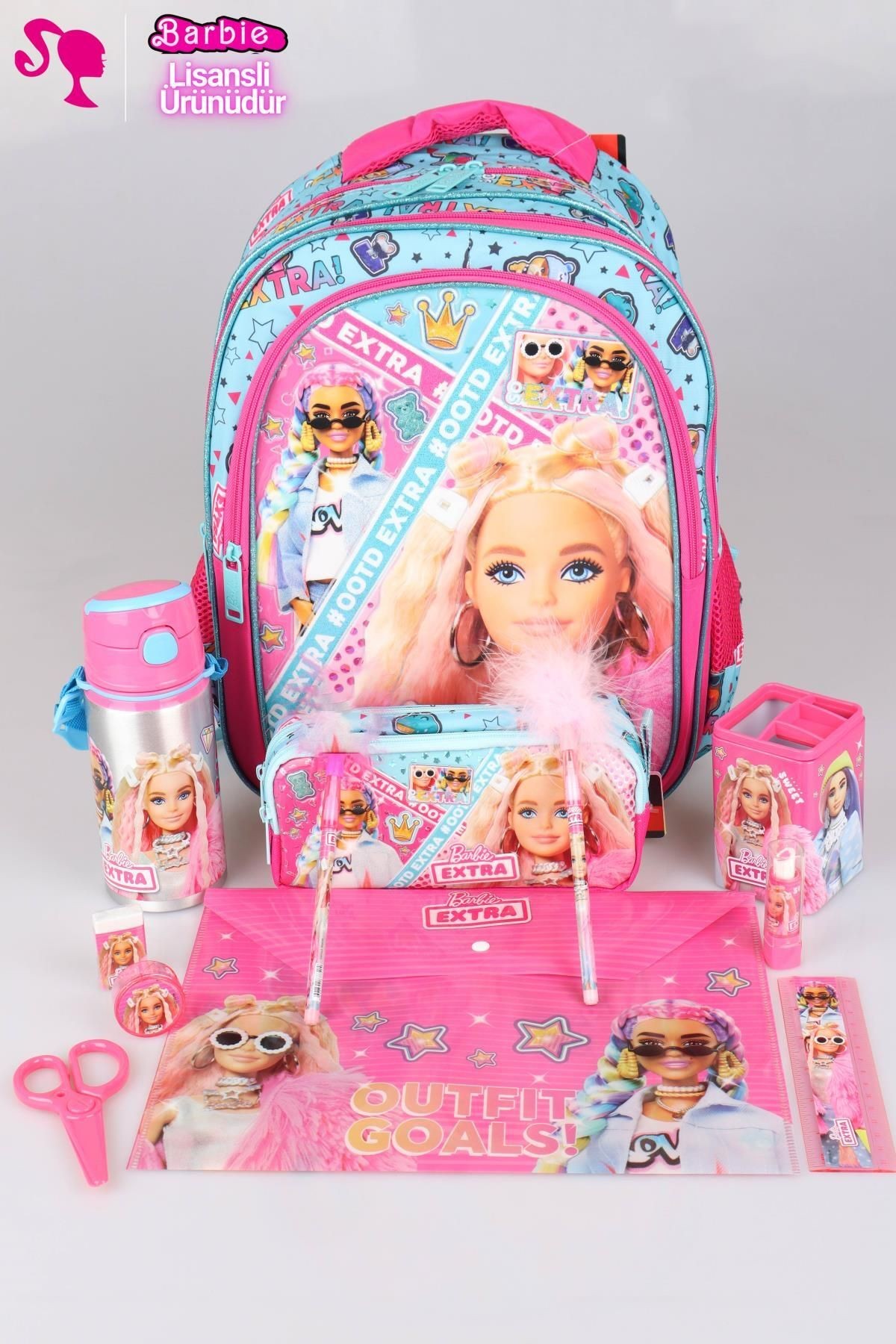 DEKOMUS İLE LİSANSLI "PEMBE MAVİ PRENSES KOLEKSİYONU" BARBIE 3 BÖLMELİ OKUL ÇANTASI VE KIRTASİYE SET