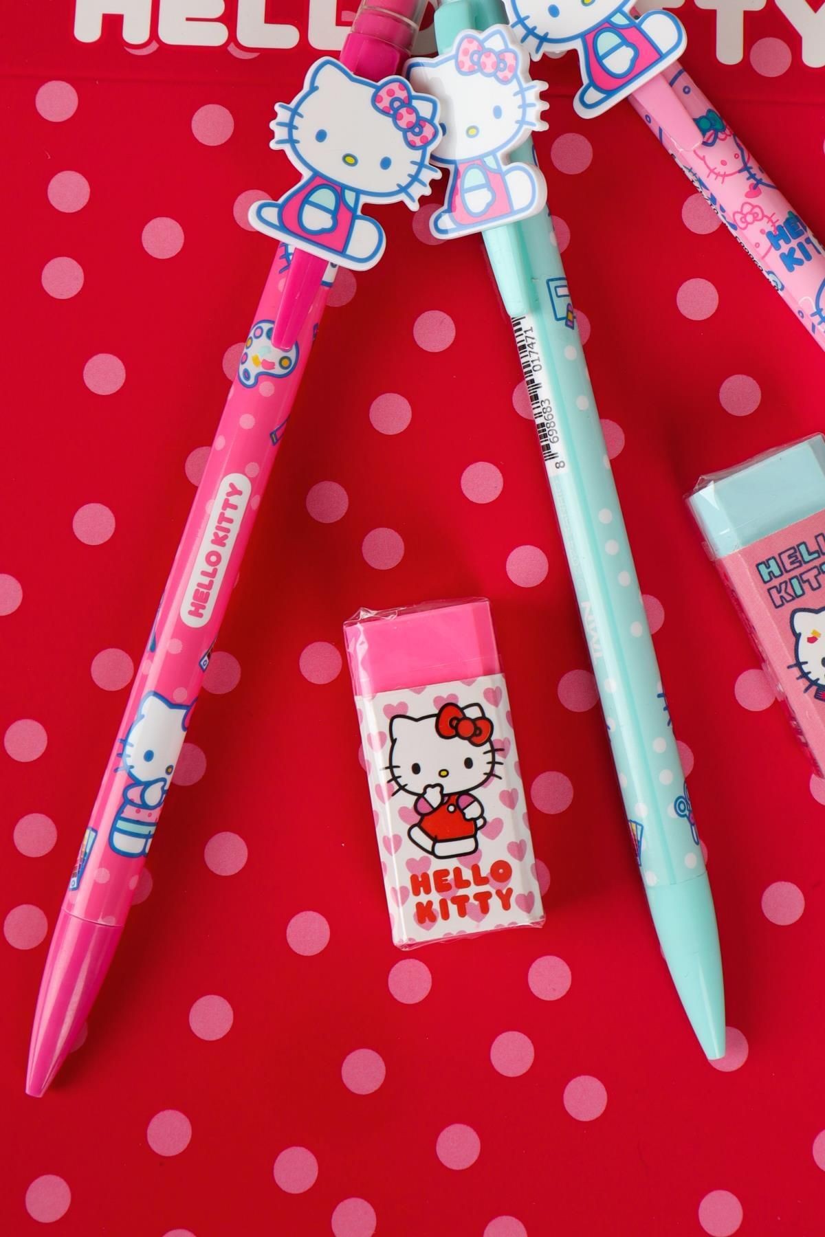 YENİ SEZON LİSANSLI HELLO KITTY 2D FİGÜRLÜ VERSATİL UÇLU KALEM 0.7 MM VE SİLGİ SETİ