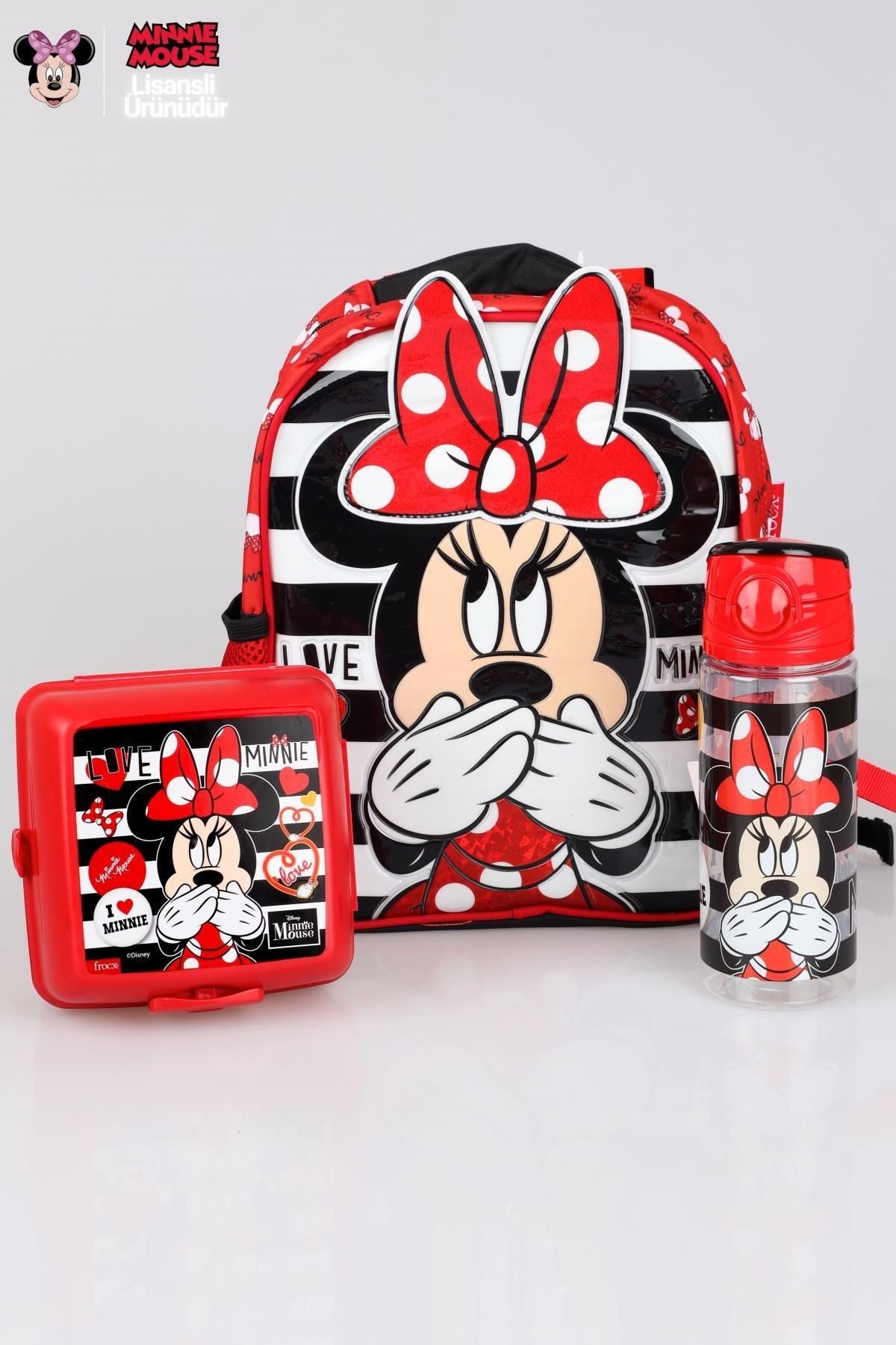 YENİ SEZON LİSANSLI MINNIE MOUSE ANAOKUL ÇANTASI,BESLENME KABI VE TRITAN MATARA 500 ML BESLENME SETİ