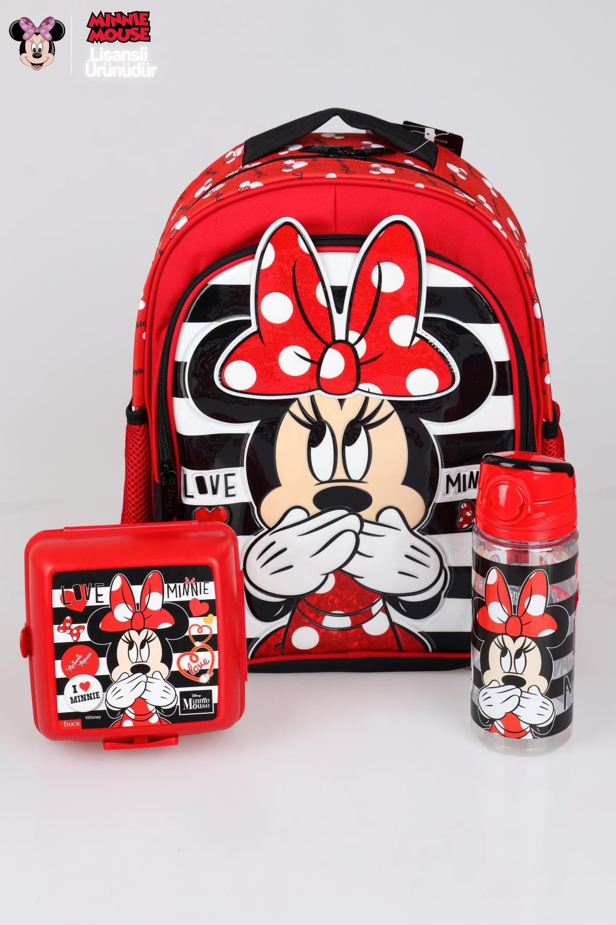 YENİ SEZON LİSANSLI MINNIE MOUSE OKUL ÇANTASI,BESLENME KABI VE MATARA 500 ML OKUL SETİ