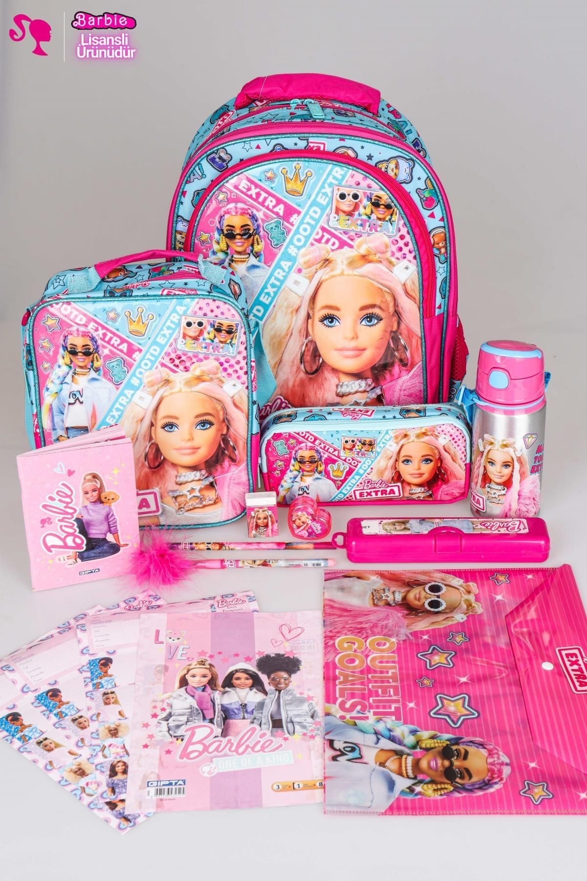 DEKOMUS İLE LİSANSLI "PEMBE MAVİ PRENSES KOLEKSİYONU" BARBIE 3 BÖLMELİ OKUL,BESLENME VE KALEM ÇANTAS