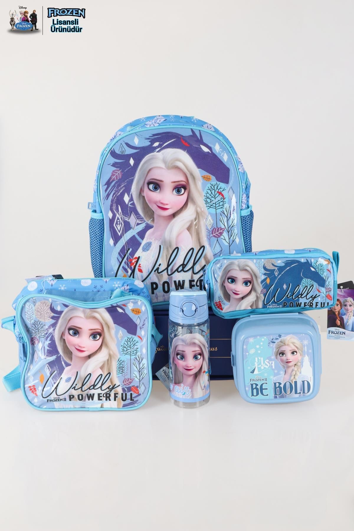 DEKOMUS LİSANSLI ELSA FROZEN ANAOKUL ÇANTASI,KALEM ÇANTASI,BESLENME ÇANTASI,BESLENME KABI VE 500 ML