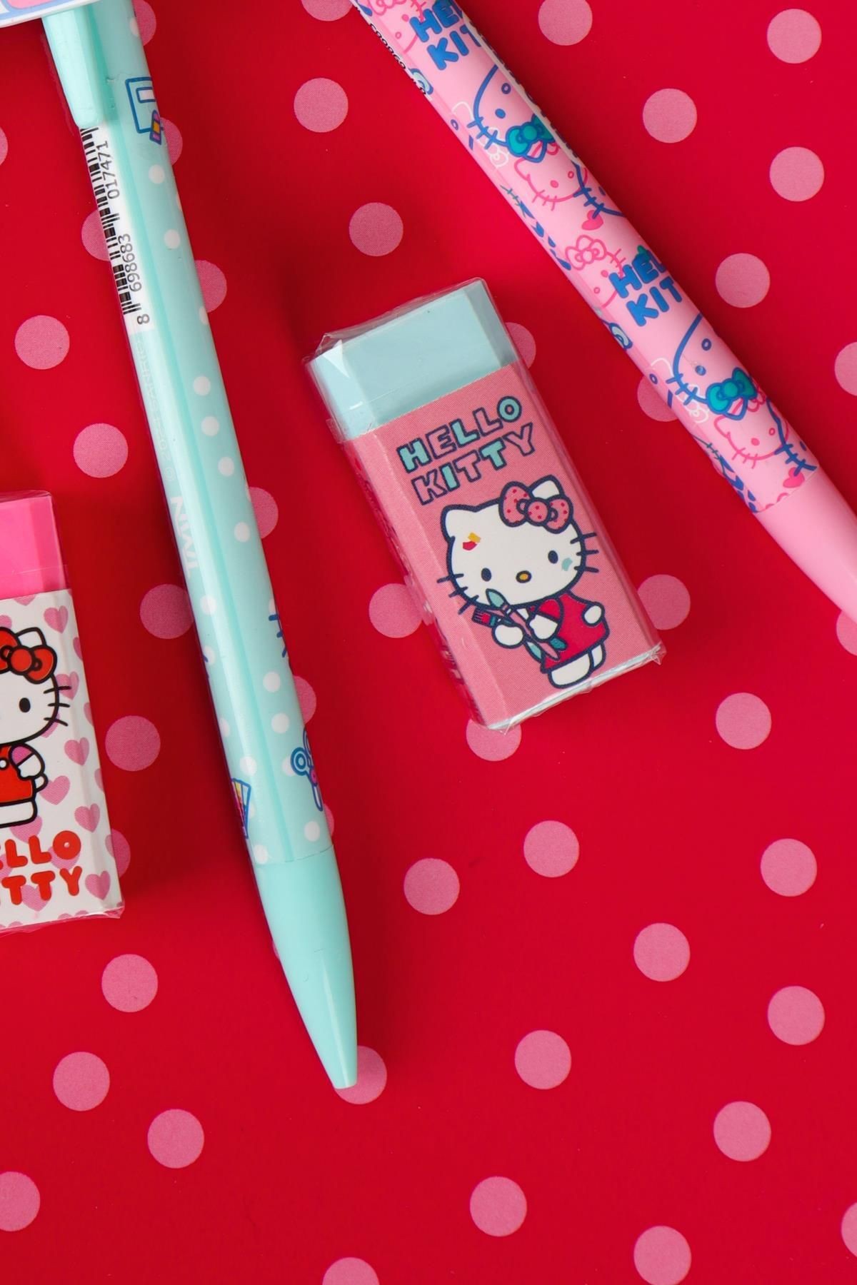 YENİ SEZON LİSANSLI HELLO KITTY 2D FİGÜRLÜ VERSATİL UÇLU KALEM 0.7 MM VE SİLGİ SETİ