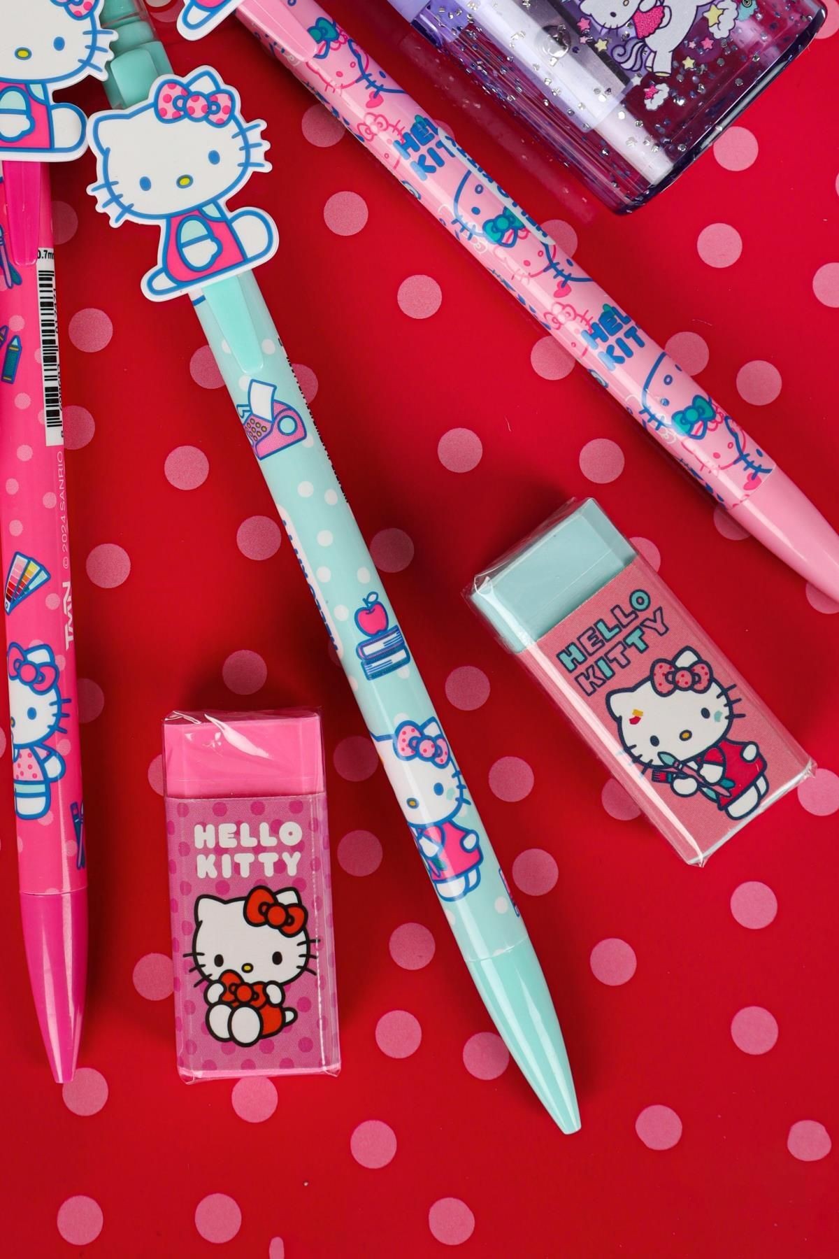 YENİ SEZON LİSANSLI HELLO KITTY VERSATİL UÇLU KALEM 0.7 MM,ÇİFT BIÇAKLI OVAL KALEMTRAŞ VE SİLGİ SETİ