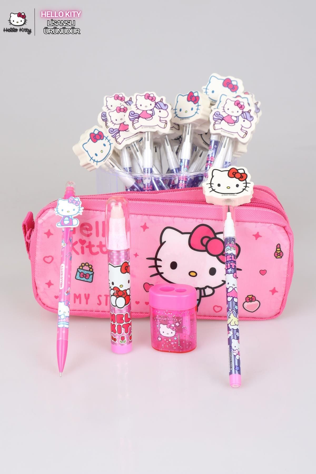 YENİ SEZON LİSANSLI HELLO KITTY KIRTASİYE SETİ KALEM ÇANTASI,UÇLU KALEM,KALEMTRAŞ,SİLGİ TEPELİ GEÇME