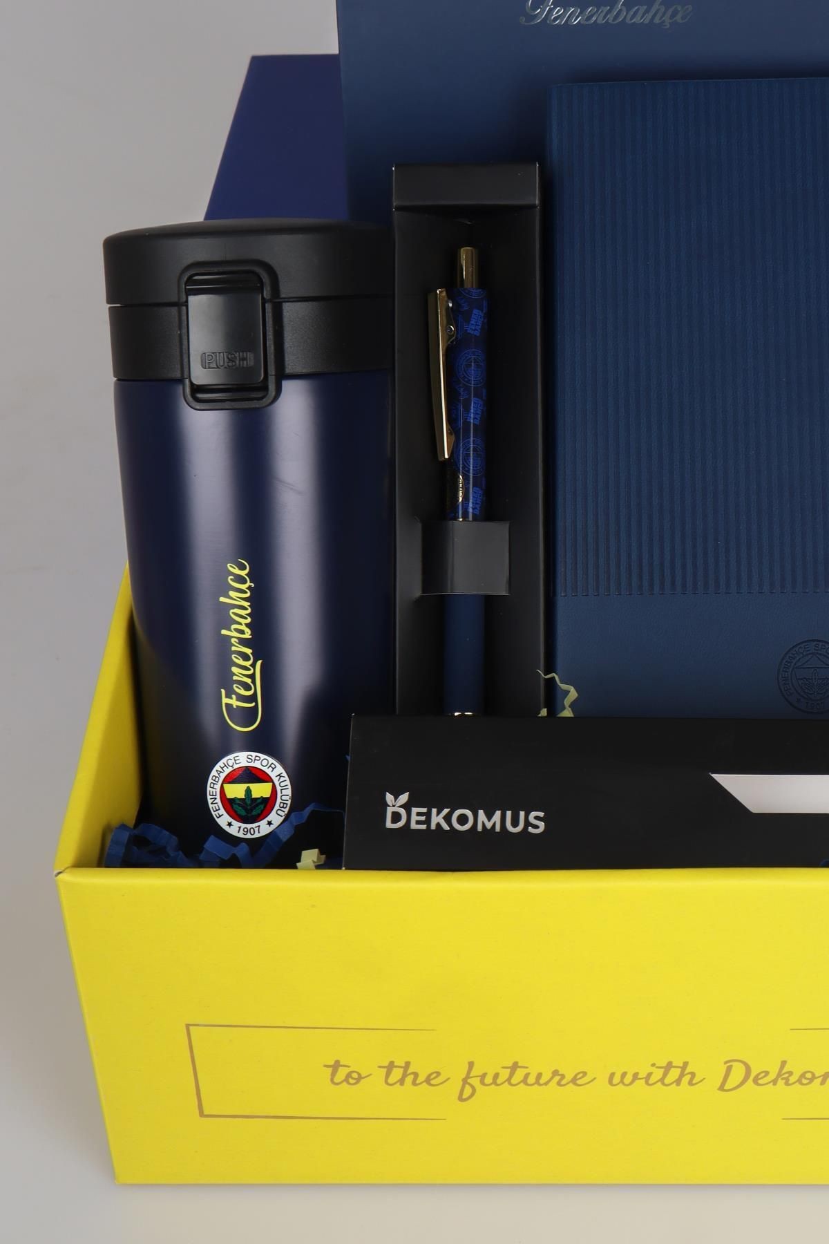 DEKOMUS İLE LİSANSLI FENERBAHÇE ÖZEL KUTULU PREMIUM 400 ML ÇELİK TERMOS,DERİ AJANDA,HYBRID TÜKENMEZ