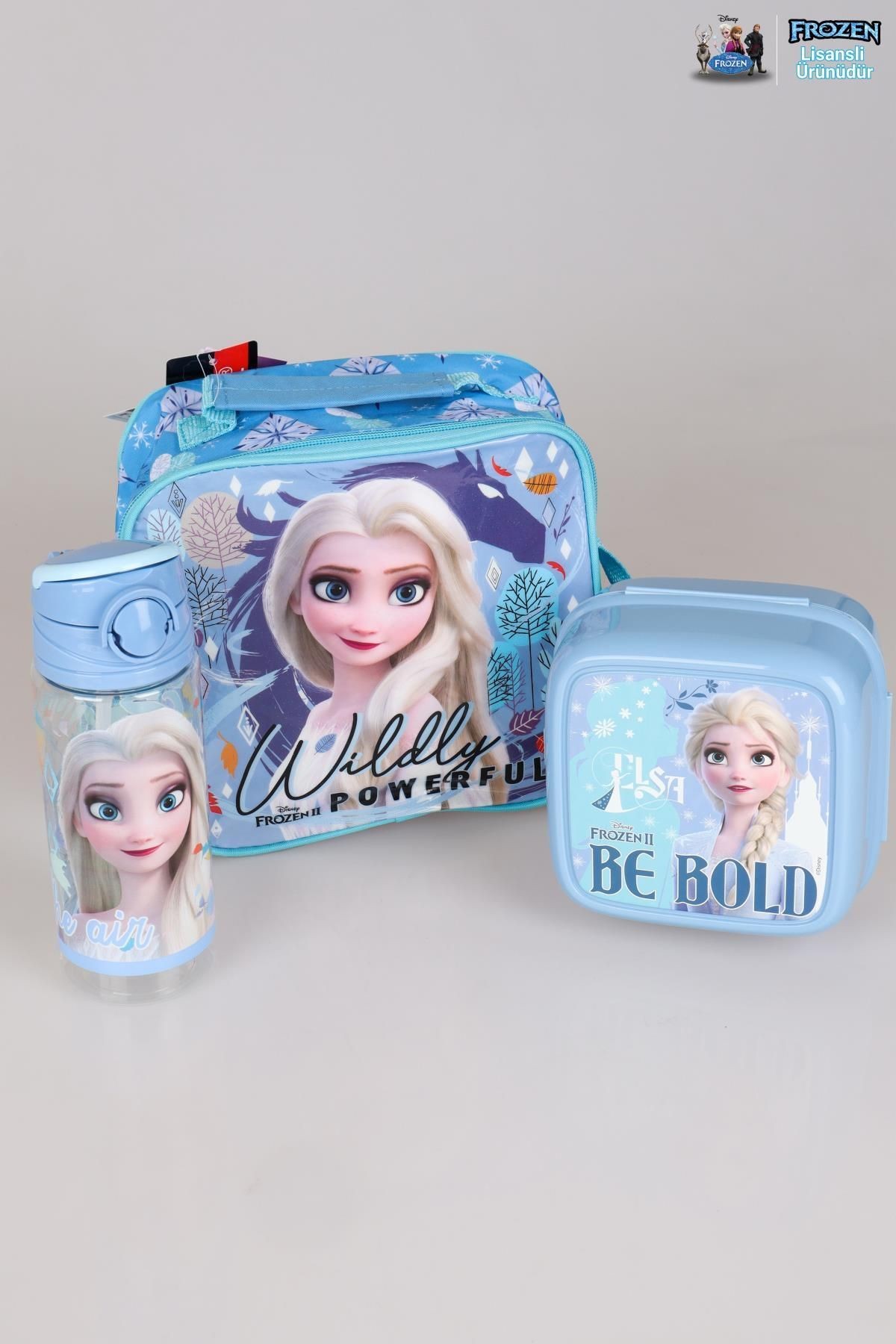 DEKOMUS LİSANSLI "MAVİ KARLAR ÜLKESİ ELSA FROZEN KOLEKSİYONU "BESLENME ÇANTASI,BESLENME KABI VE 500