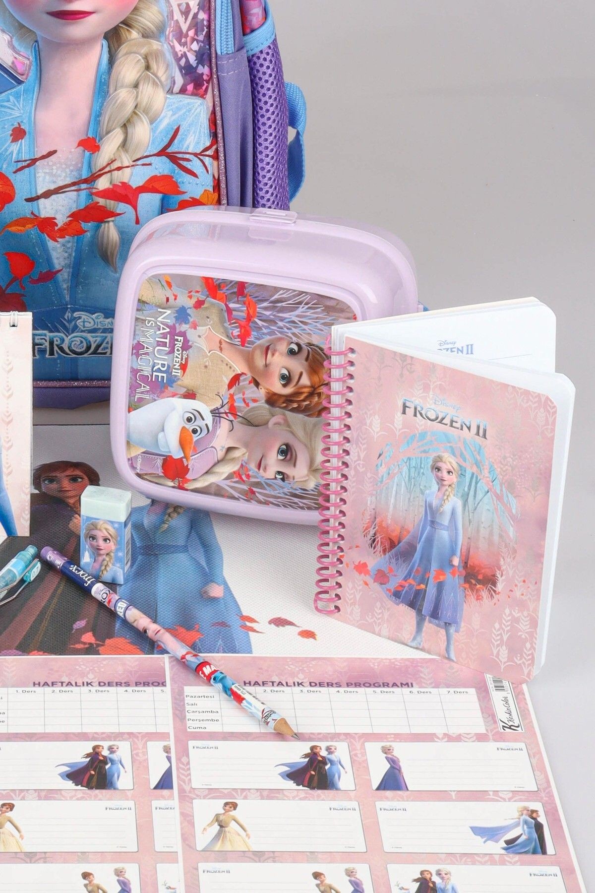 DEKOMUS LİSANSLI ELSA FROZEN "OKUL ÇANTASI VE BESLENME ÇANTASI,BESLENME KABI VE 500 ML TRITAN MATARA