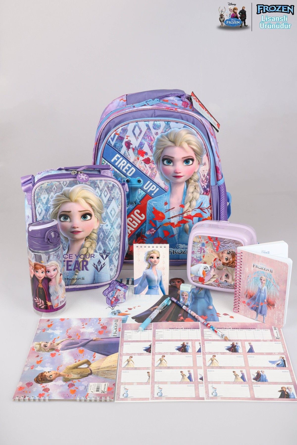 DEKOMUS LİSANSLI ELSA FROZEN "OKUL ÇANTASI VE BESLENME ÇANTASI,BESLENME KABI VE 500 ML TRITAN MATARA