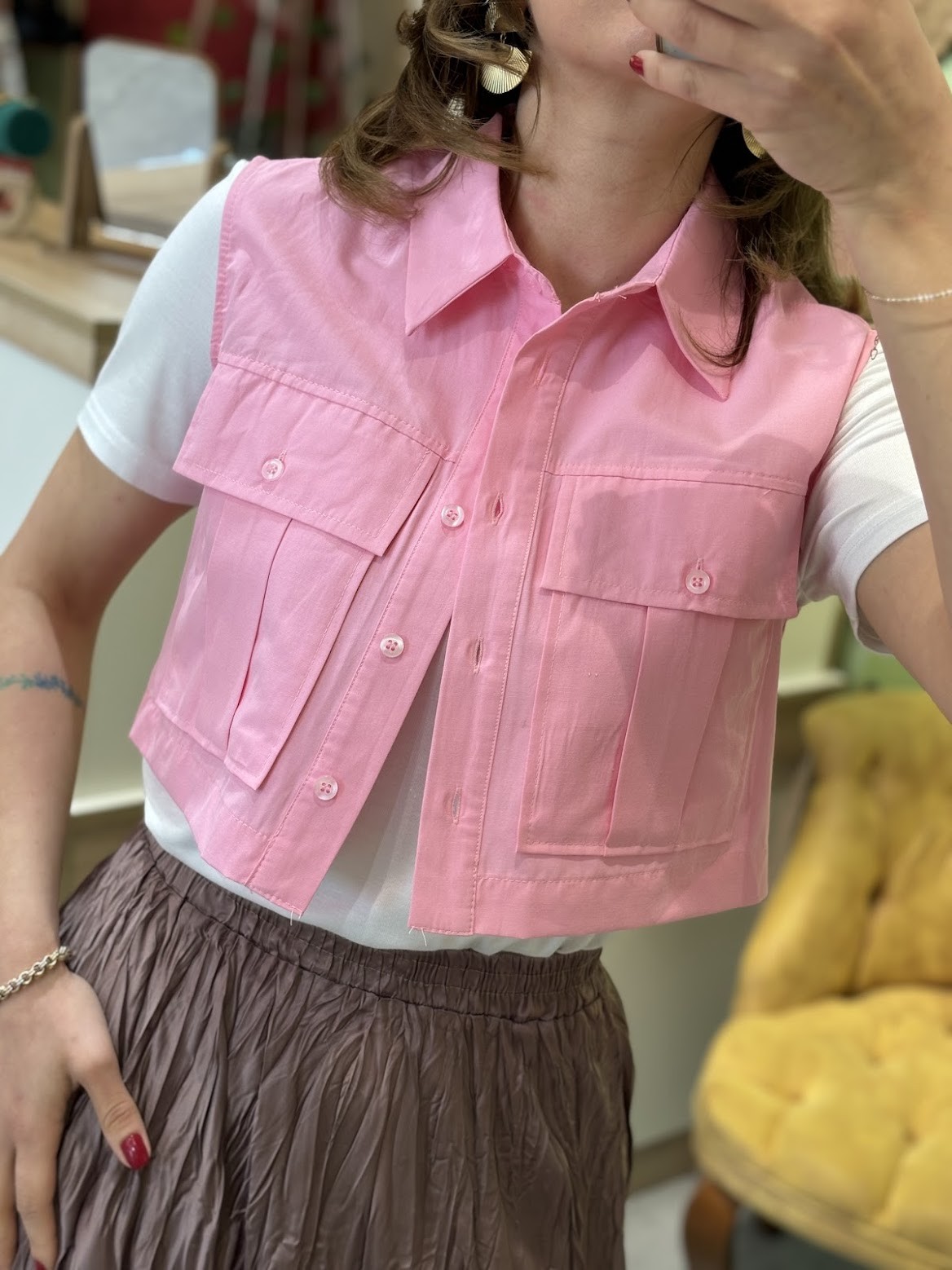 Pembe Crop Yelek/Gömlek